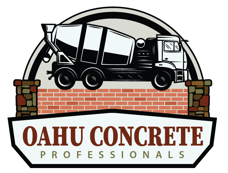 Oahu Concrete Professionals logo with concrete mixer truck over brick wall and arched backdrop