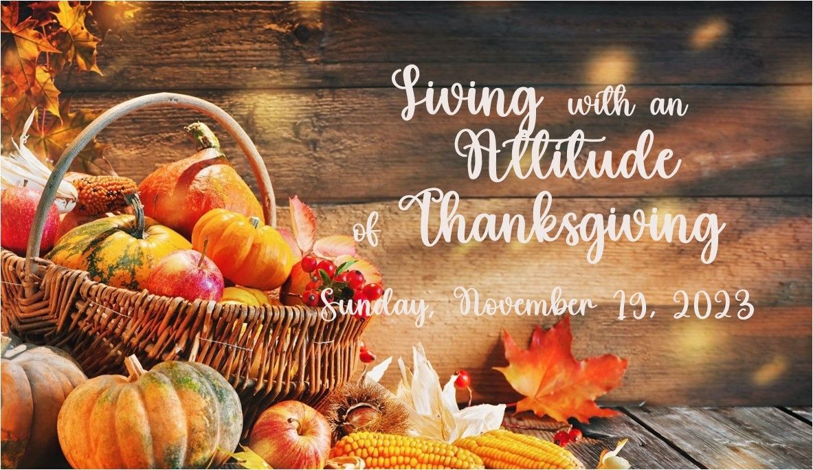 Autumn Thanksgiving card with pumpkins, leaves, and a basket on a rustic wood background; text: gratitude Thanksgiving