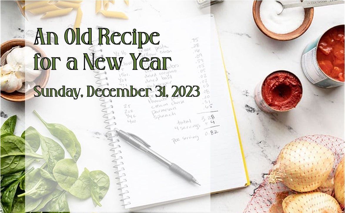 Holiday recipe card titled “An Old Recipe for a New Year,” with herbs, bread, candles, and a notebook on a table
