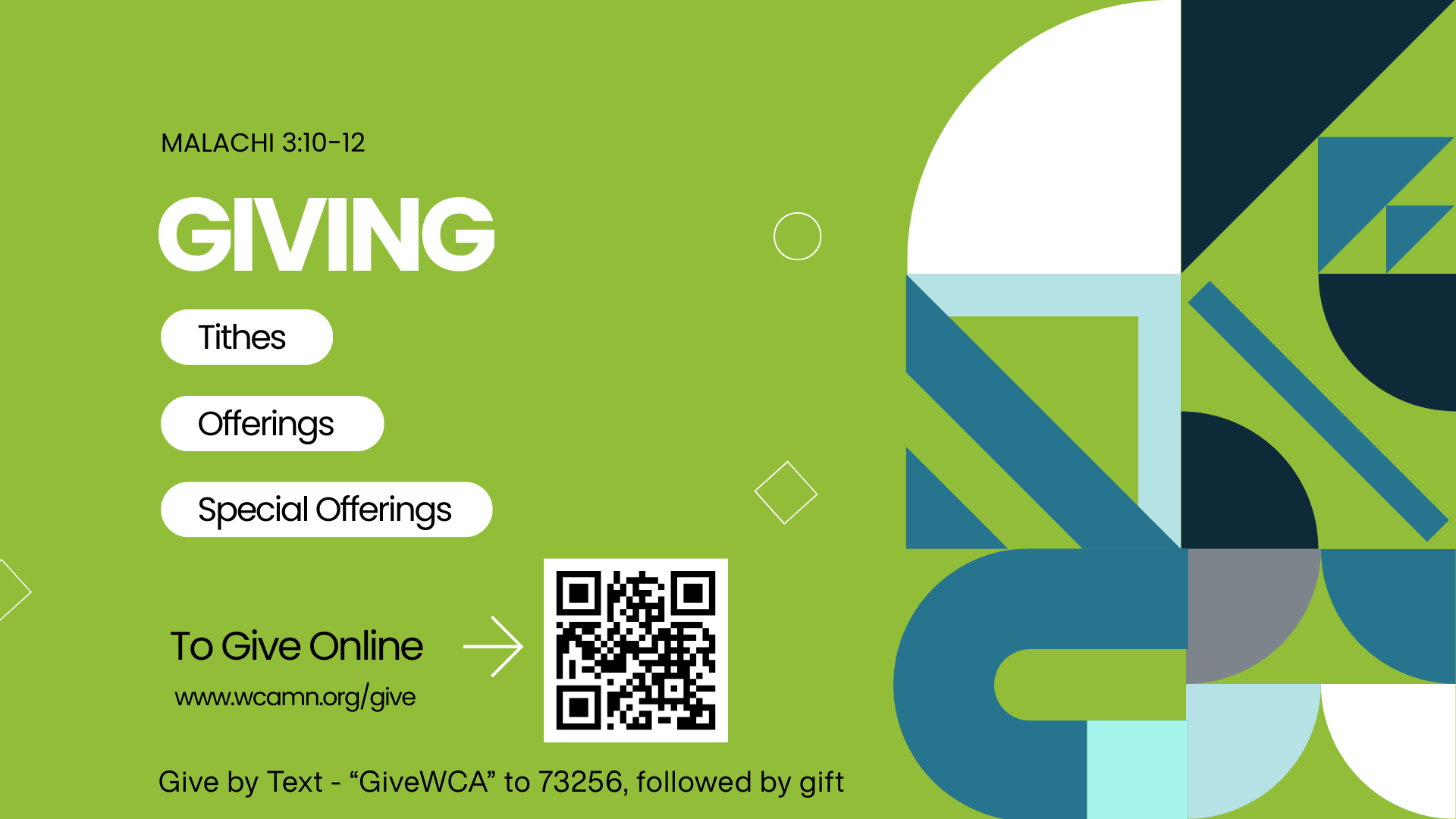 Giving flyer with green-and-blue abstract design, offering tithes, offerings, and special offerings online.