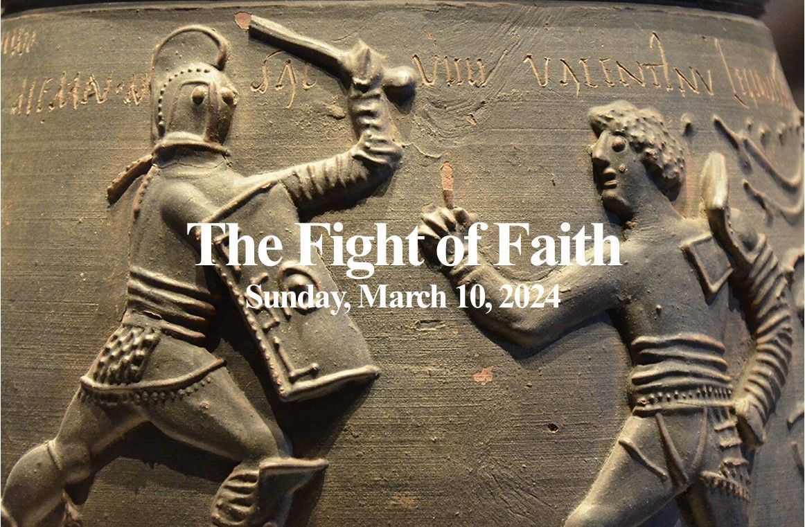 Bronze relief of two fencers with overlaid text “The Fight of Faith” and “Sunday March 10, 2014”