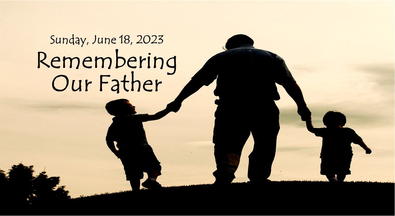 Silhouetted father holding two children’s hands at sunset, with text “Remembering Our Father” and date