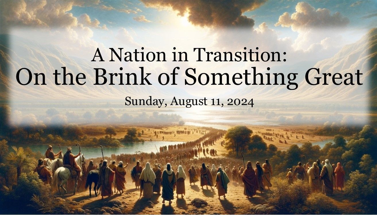 Crowd walks across a dusty landscape under dramatic clouds;