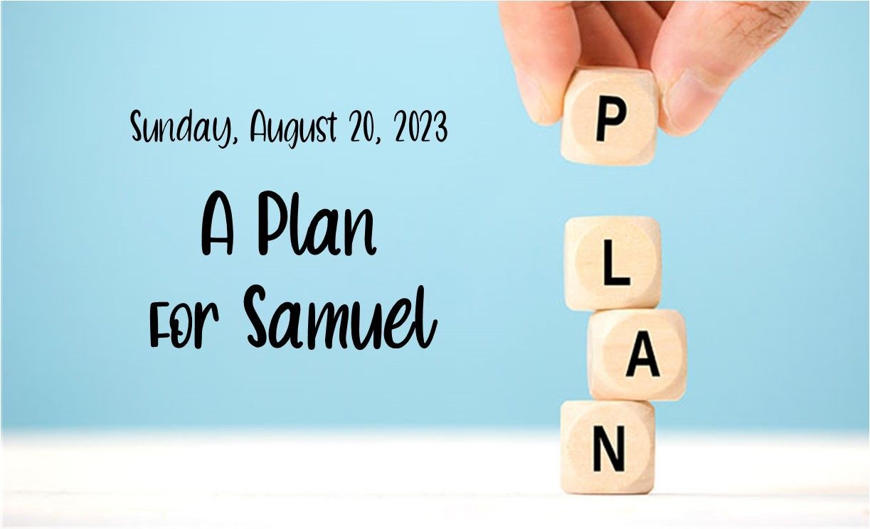 Hand stacking blocks spelling PLAN beside text “A Plan for Samuel” on a blue background