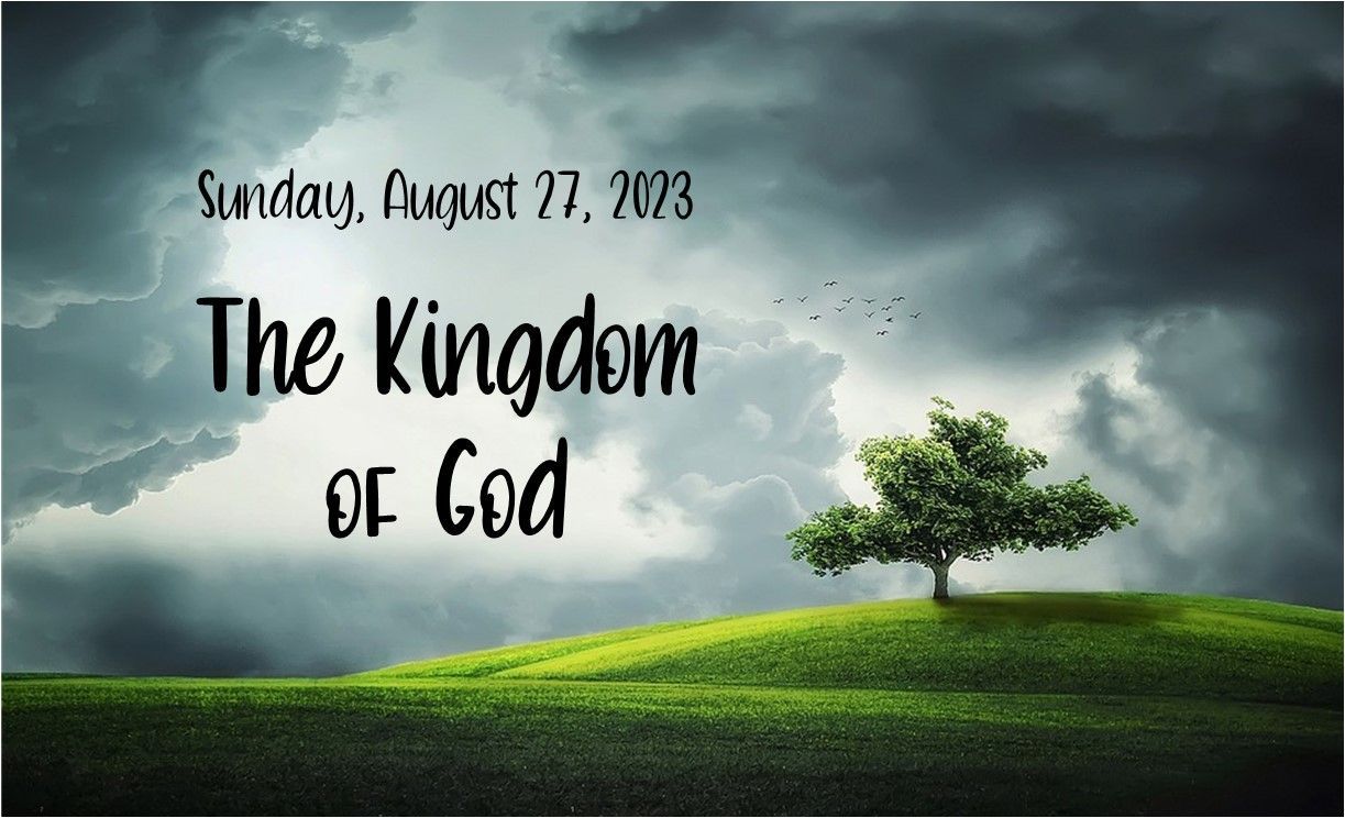Dark cloudy sky over green field with lone tree; text reads