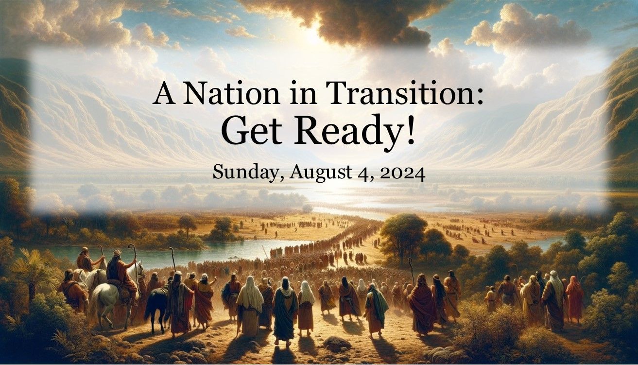 Poster for “A Nation in Transition: Get Ready!” with a sunrise crowd in a desert landscape.