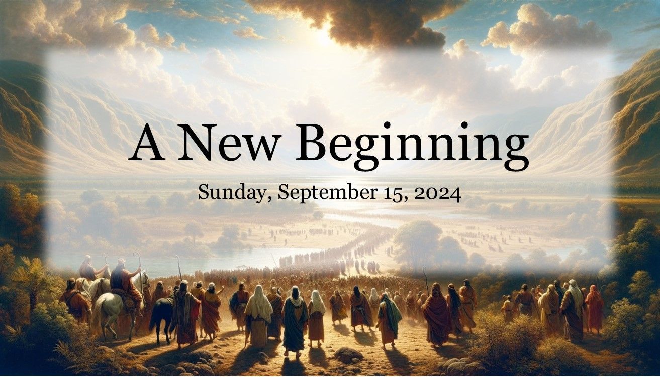 “A New Beginning” over a crowd walking toward bright light under a cloudy sunrise sky, dated September 15, 2024