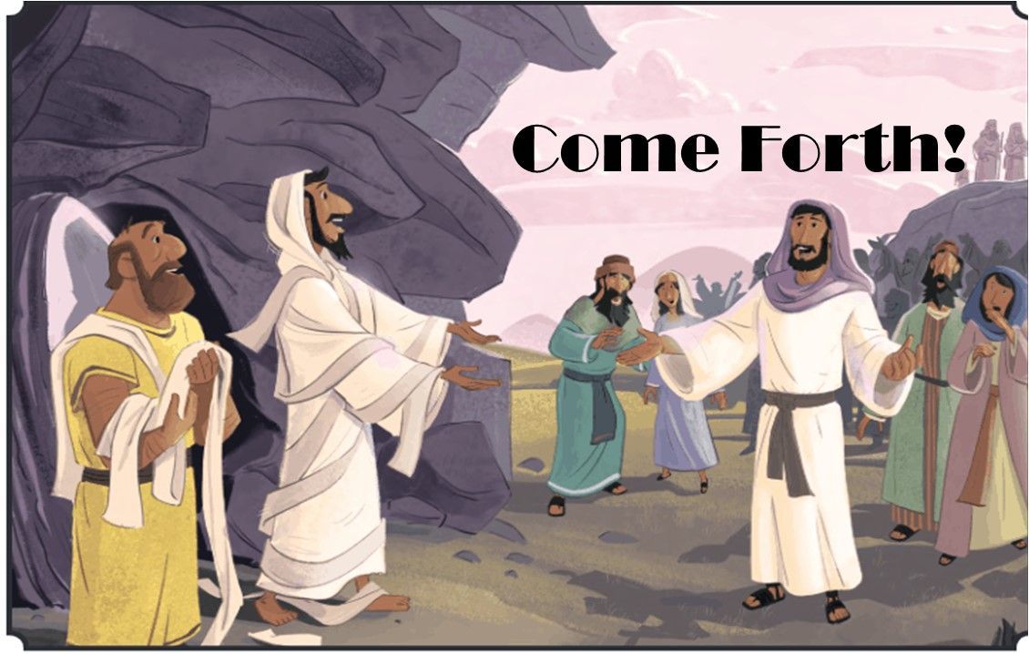 A person in white cloth steps out of a dark tomb toward a figure in a purple robe, who gestures for them to come forth.
