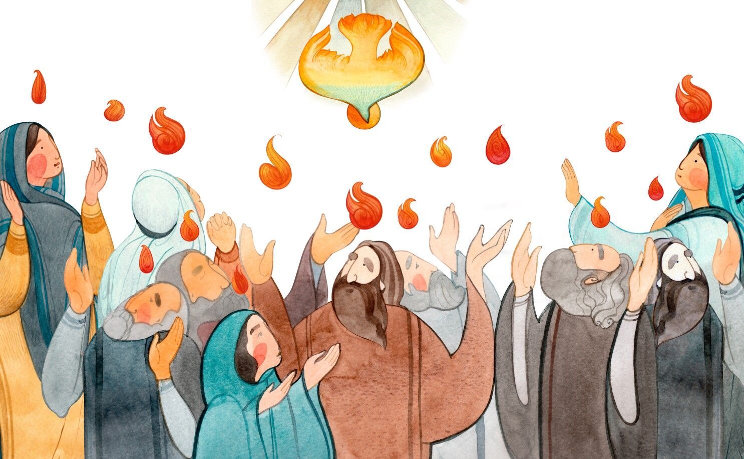 Watercolor illustration of people with raised hands, receiving descending flames of fire from a golden dove.