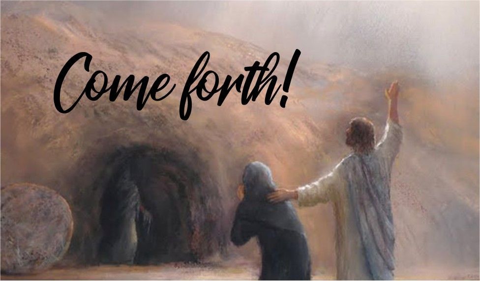 “Come forth!” text over a painting of a figure at a cave tomb entrance, raising an arm as another person reaches out to them