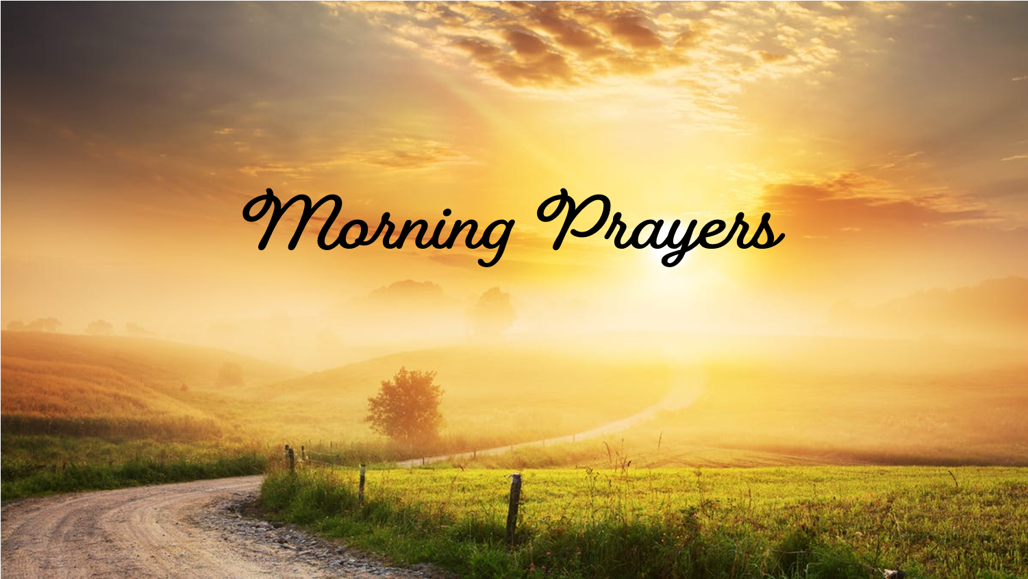 A sunrise over a misty countryside, with a dirt road leading toward the light. Text reads