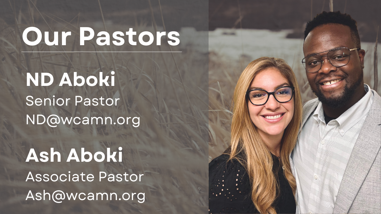 Our pastors ND and Ash Aboki with headshots and contact info on a gray background
