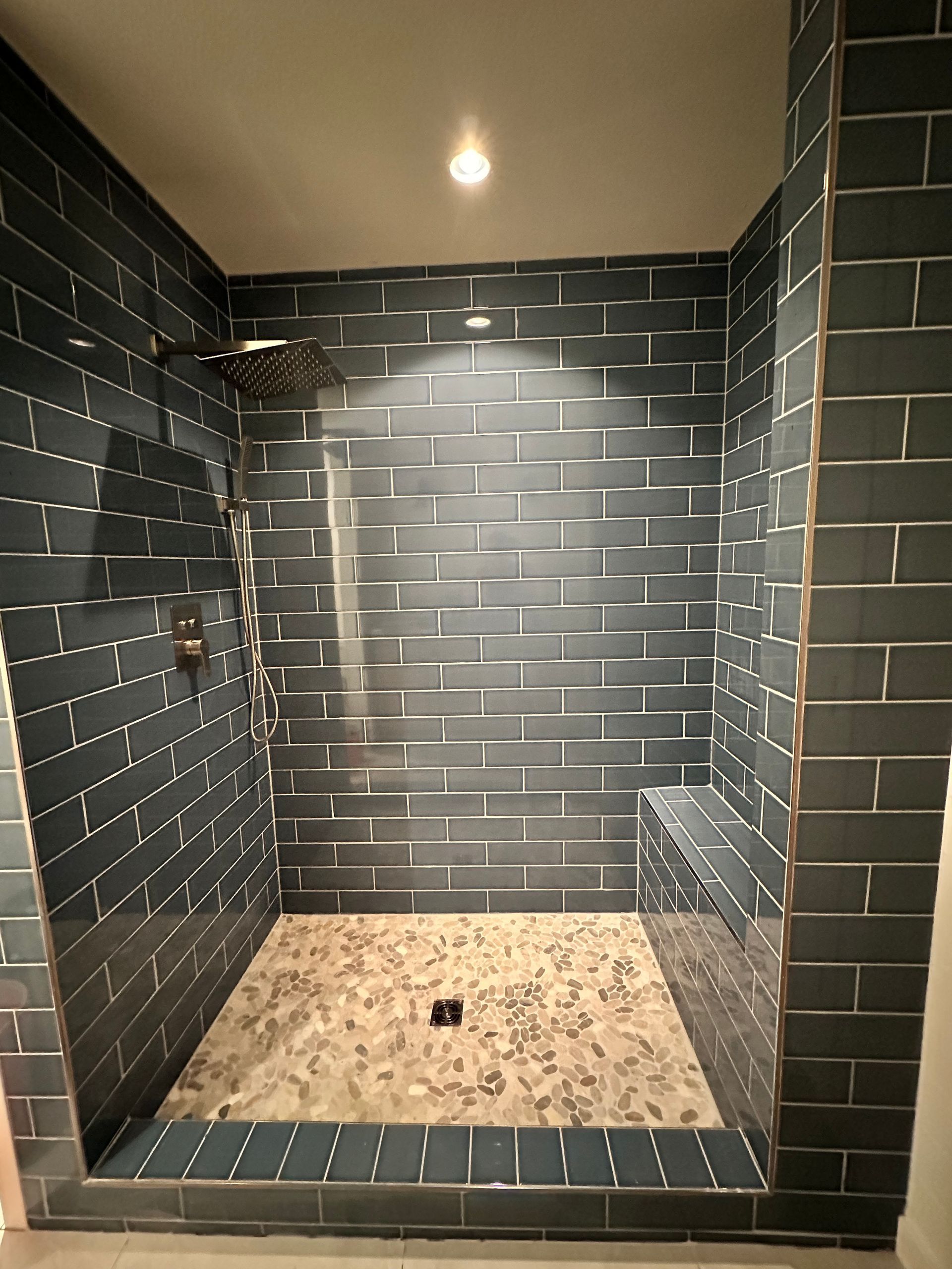 Empty dark-tiled walk-in shower with a beige floor and single ceiling light.