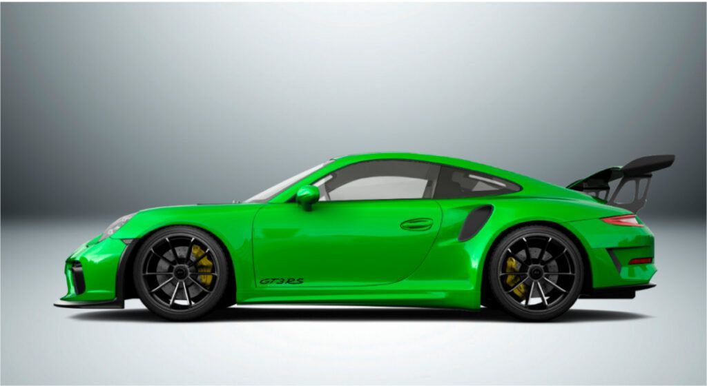 Um porsche 911 gt3 rs verde é mostrado de lado em um fundo branco.