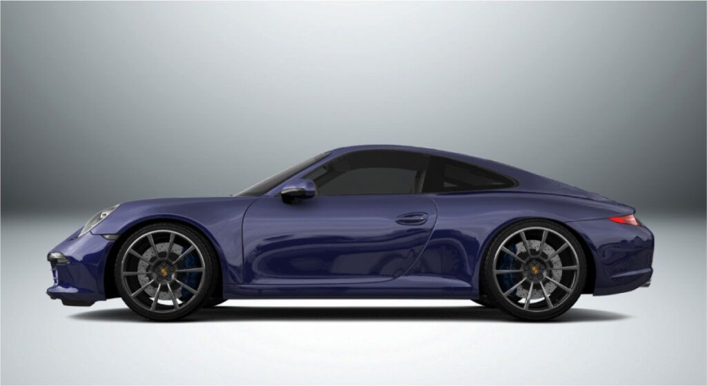 Um porsche 911 roxo está sobre uma superfície branca.