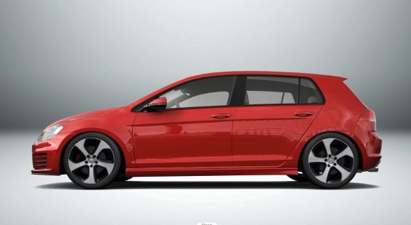 Um Volkswagen Golf vermelho é mostrado lateralmente em um fundo branco.