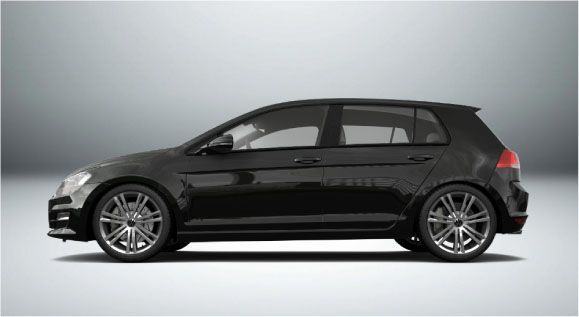 Um Volkswagen Golf preto é mostrado lateralmente em um fundo branco.