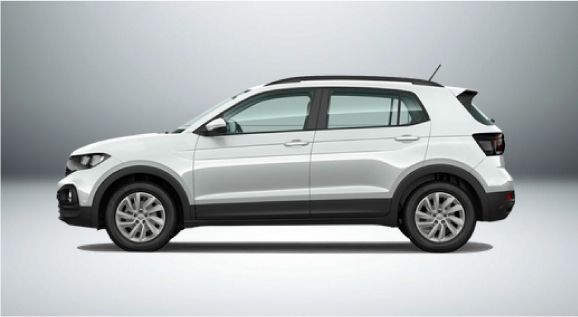 Um volkswagen t-cross branco é mostrado lateralmente em um fundo branco.