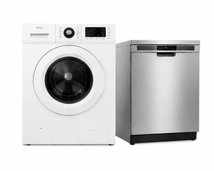 White front-load washer next to stainless steel dishwasher on a white background