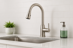 Modern kitchen sink with stainless steel faucet, white tile backsplash, and soap dispenser