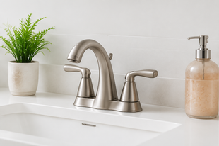 Modern bathroom sink with brushed nickel faucet, white counter, potted plant, and soap dispenser