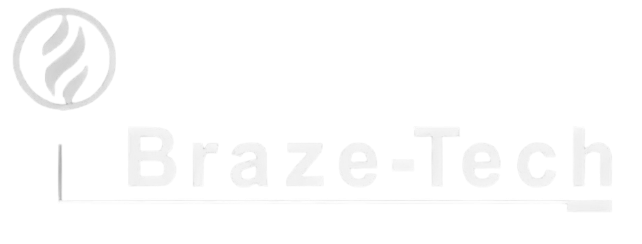 A white logo for braze tech with a flame in a circle.