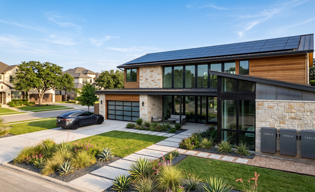 Modern stone house with solar panels, large windows, and a car parked in the driveway