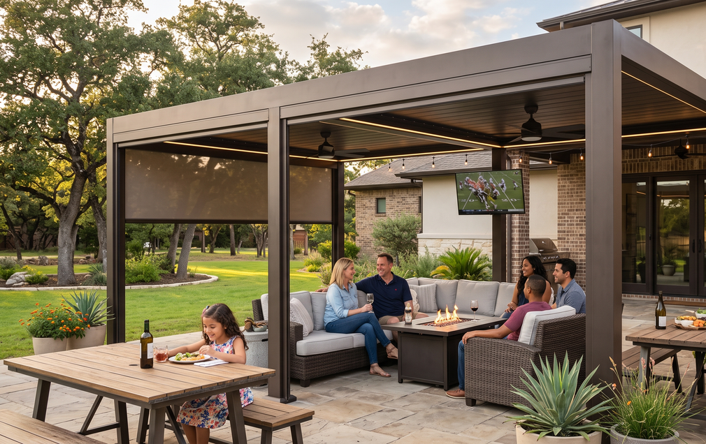 People sitting in a backyard pergola around an outdoor table and fire pit at sunset