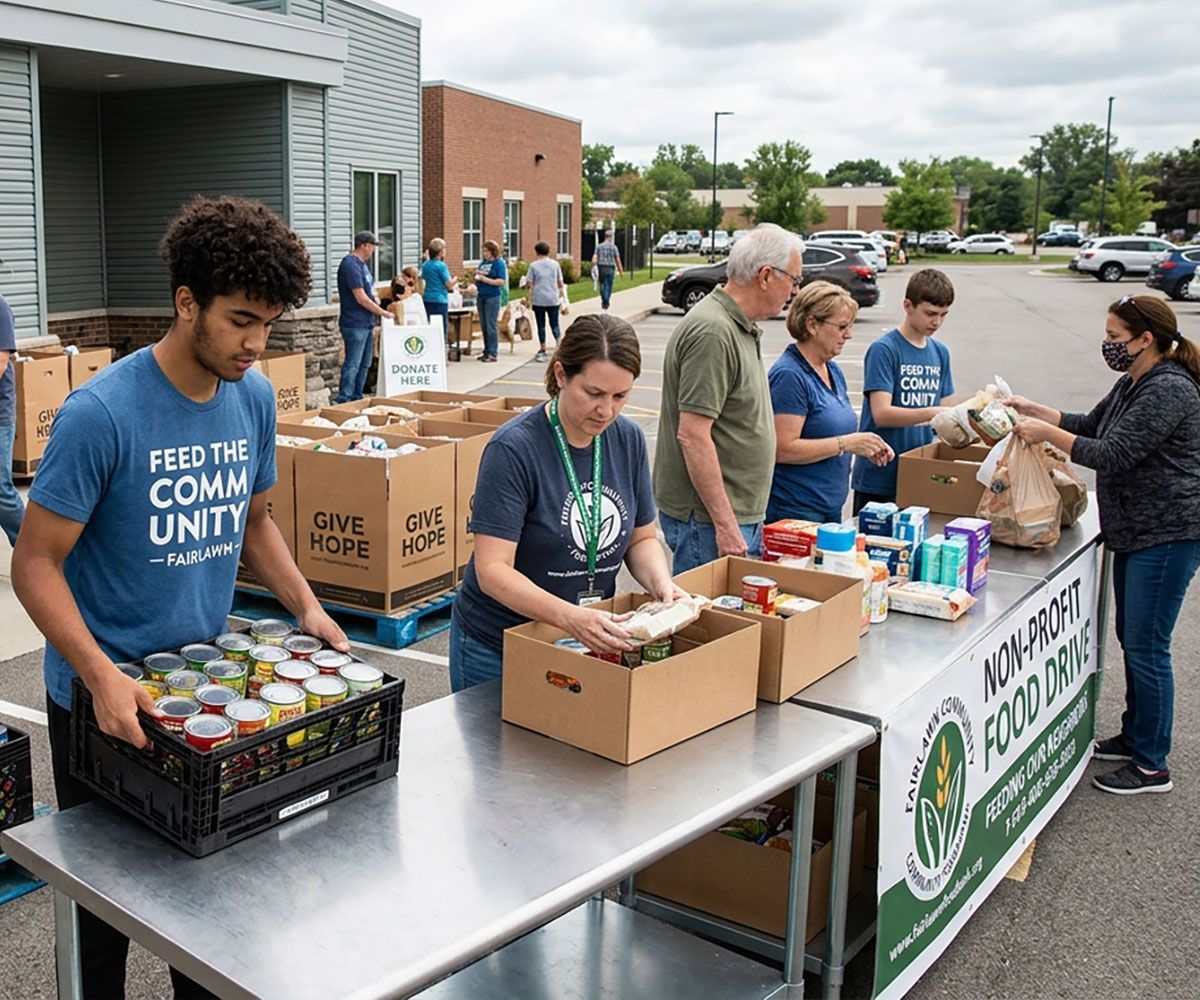 Local church group volunteers website client of Viridian Marketing & Design handing out food.