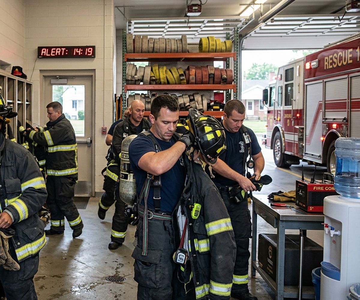 Fire station firemen getting ready to go out on a run and is a website client of Viridian Marketing & Design