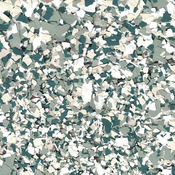 Abstract mosaic of teal, gray, and cream confetti-like shapes on a textured background