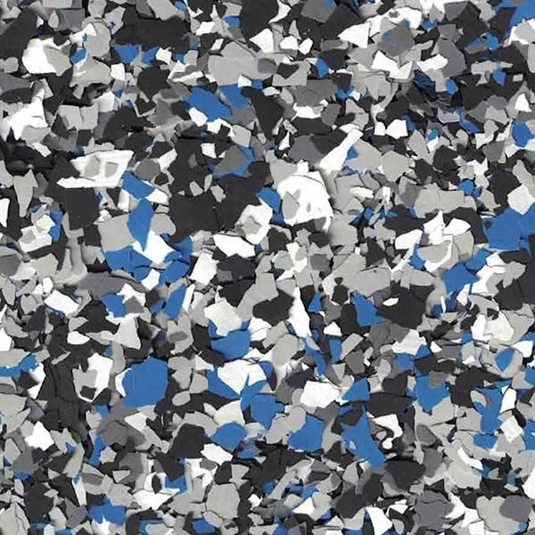 Abstract confetti-like pattern of blue, white, gray, and black fragments