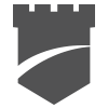 Gray castle tower shield logo on a white background