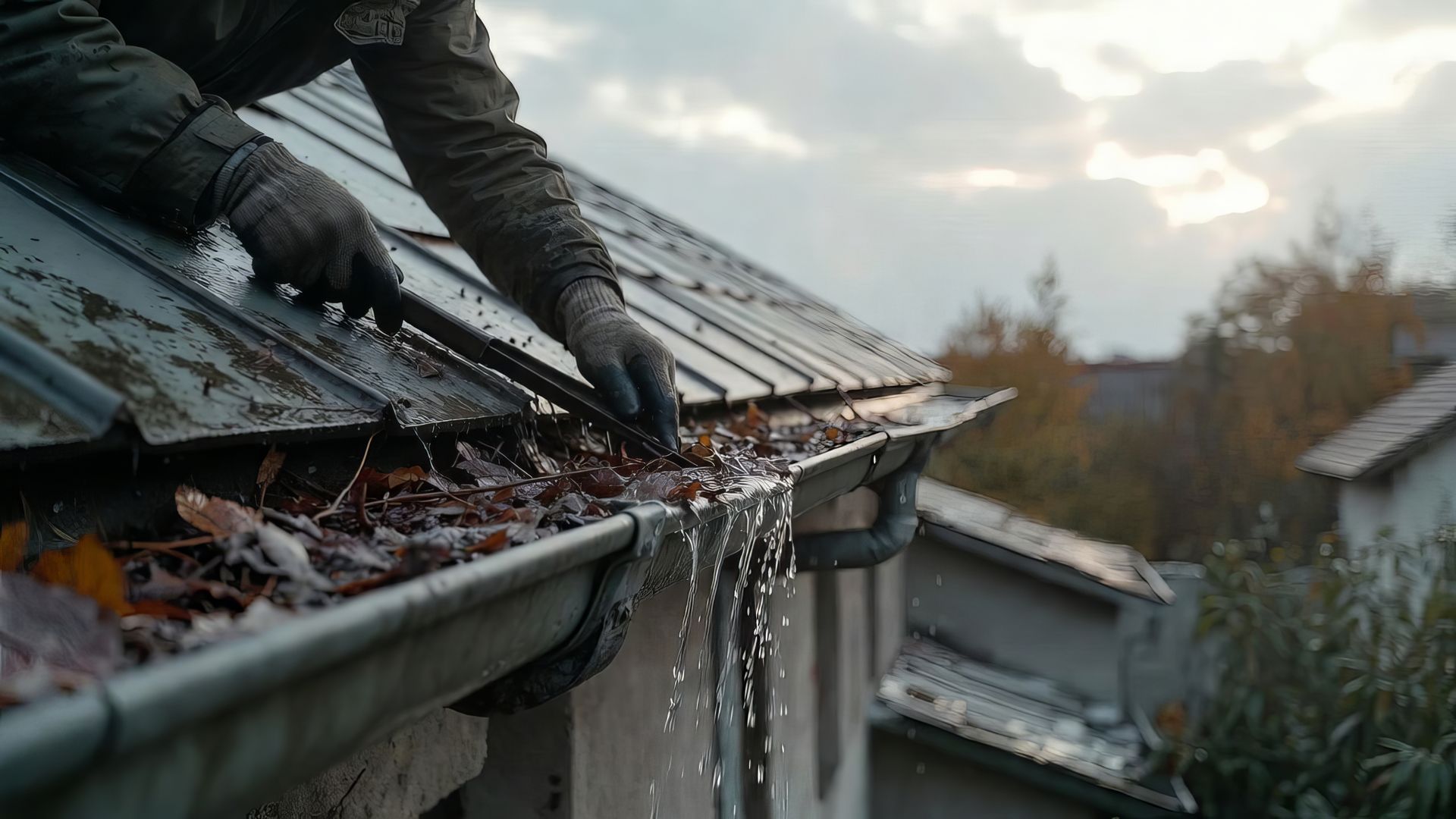 Gloved worker scooping wet leaves from a roof gutter as water spills over during a gutter service.