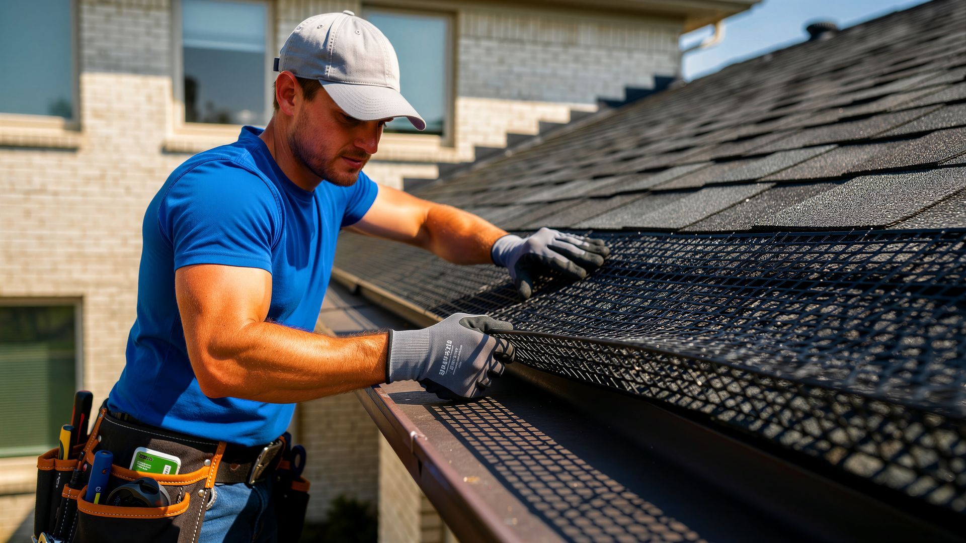 Technician in a blue shirt and gloves fitting black mesh gutter guards along a shingled roof edge.