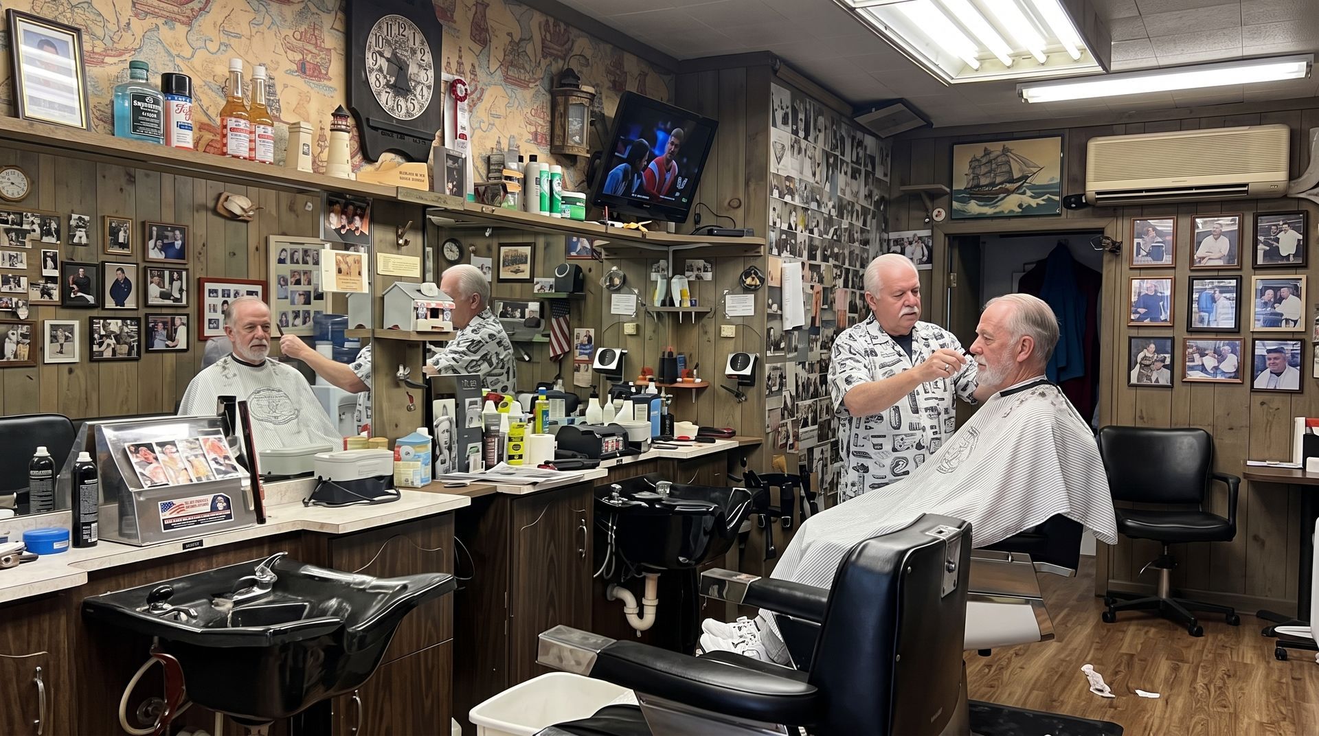 Barbershop interior with a barber cutting a customer's hair, mirrors, chairs, and wall photos