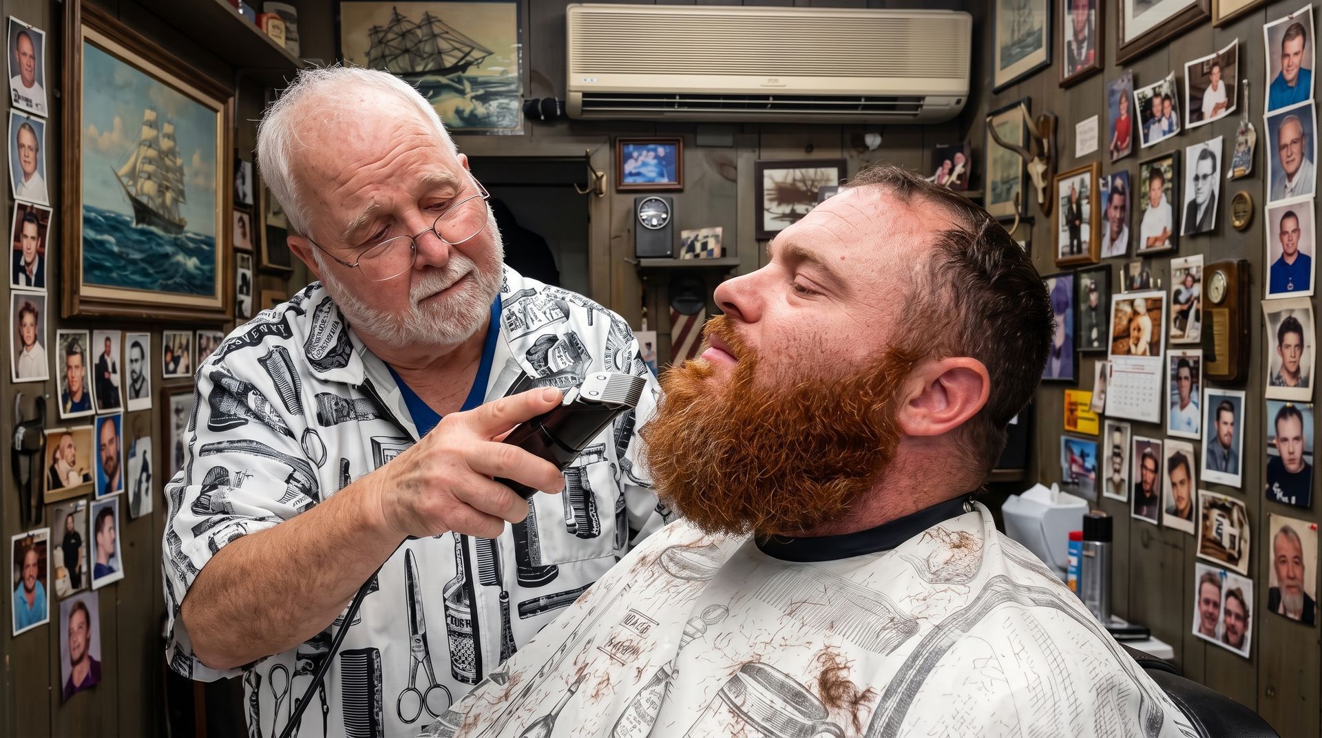 Barber trimming a bearded man's neck in a cluttered tattoo barbershop, with photos and artwork on the walls