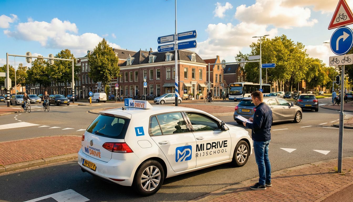 Interieur van een auto met een stel dat naar binnen kijkt. Zwarte lederen stoelen, stuurwiel en navigatie op de middenconsole.
