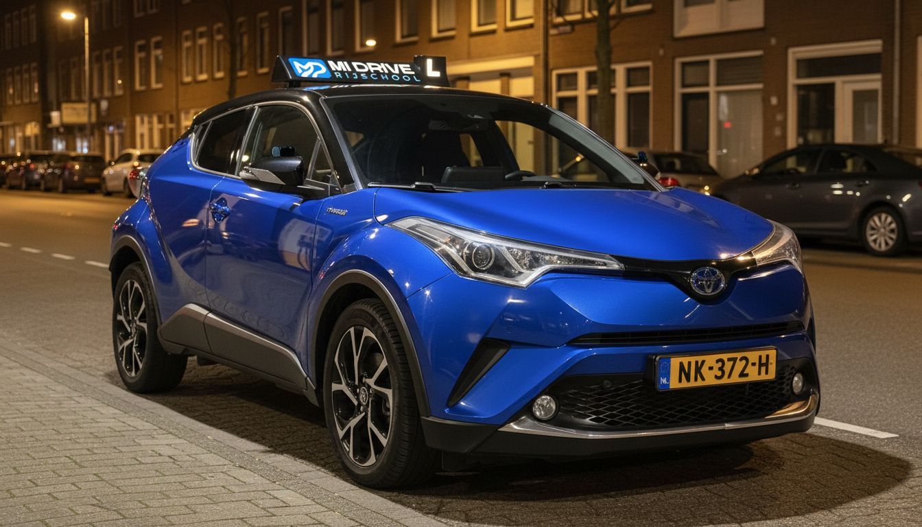 Blauwe Toyota C-HR 's nachts geparkeerd op straat met