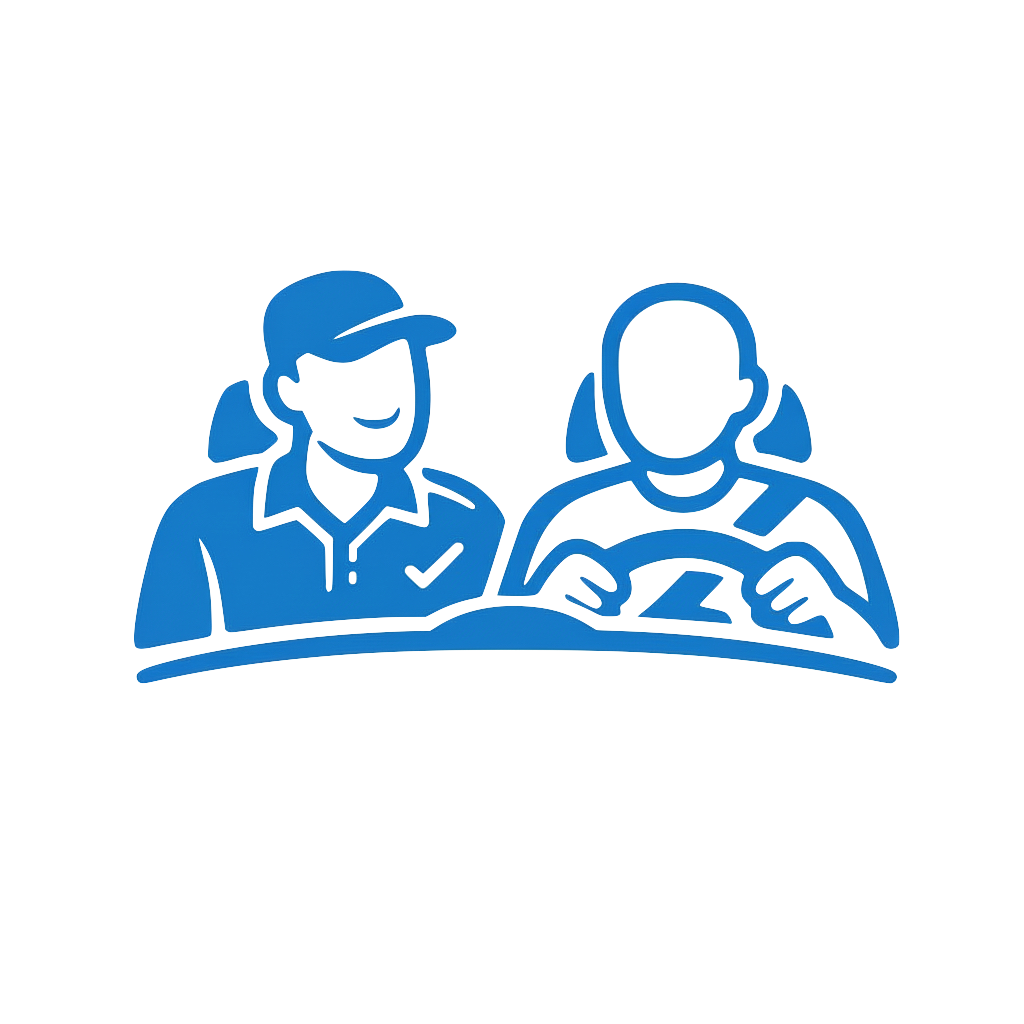 Rijinstructeur en leerling in een auto; blauw pictogram.