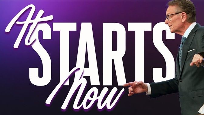 “STARTS now” in large white text on a purple background, with a man in a suit pointing on the right