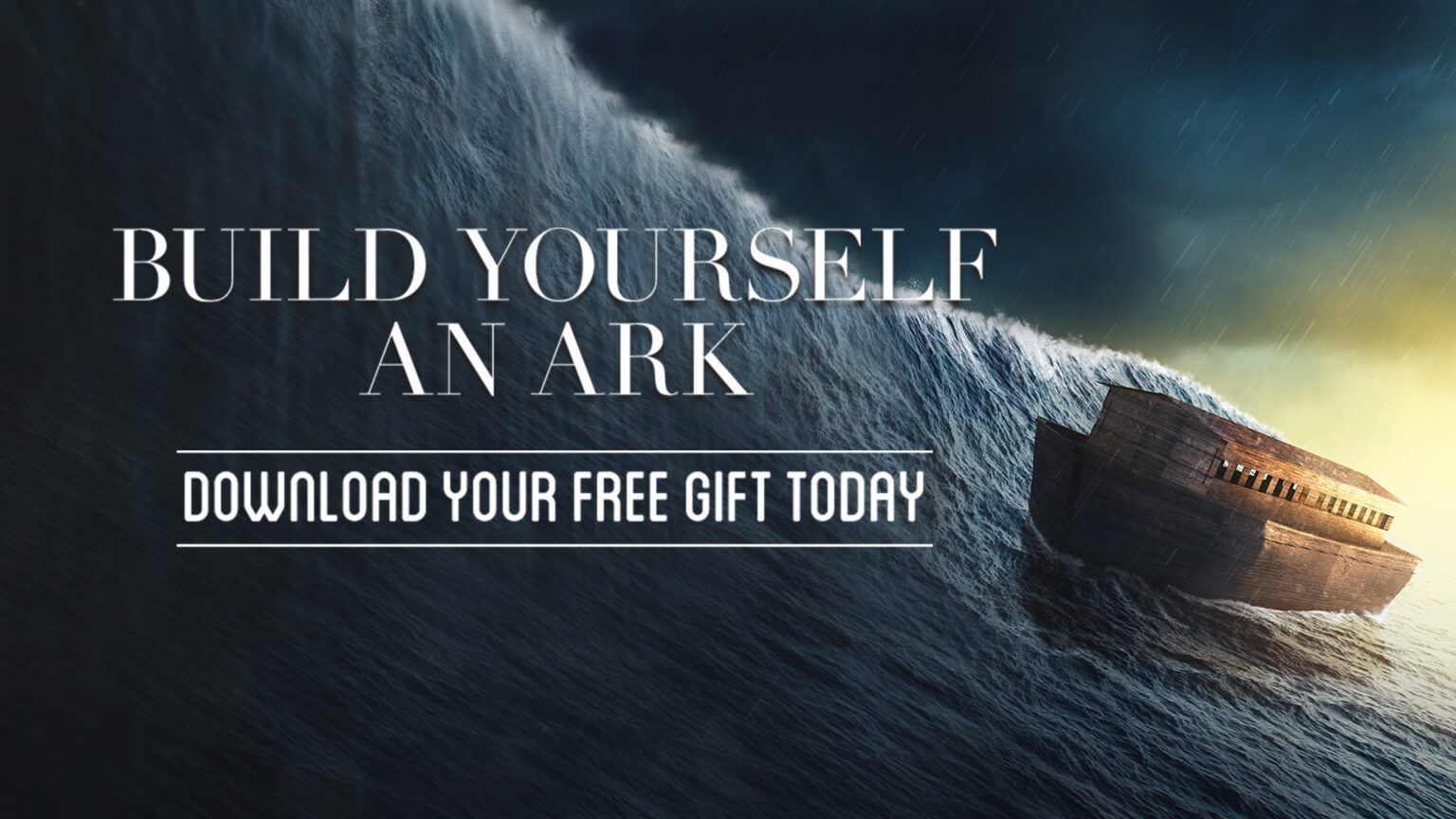Stormy sea with a wooden ark and text: “Build Yourself an Ark. Download Your Free Gift Today”