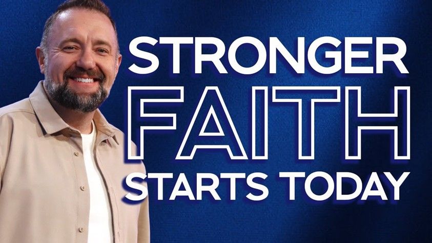 Smiling man beside bold text: “STRONGER FAITH STARTS TODAY” on a blue background.