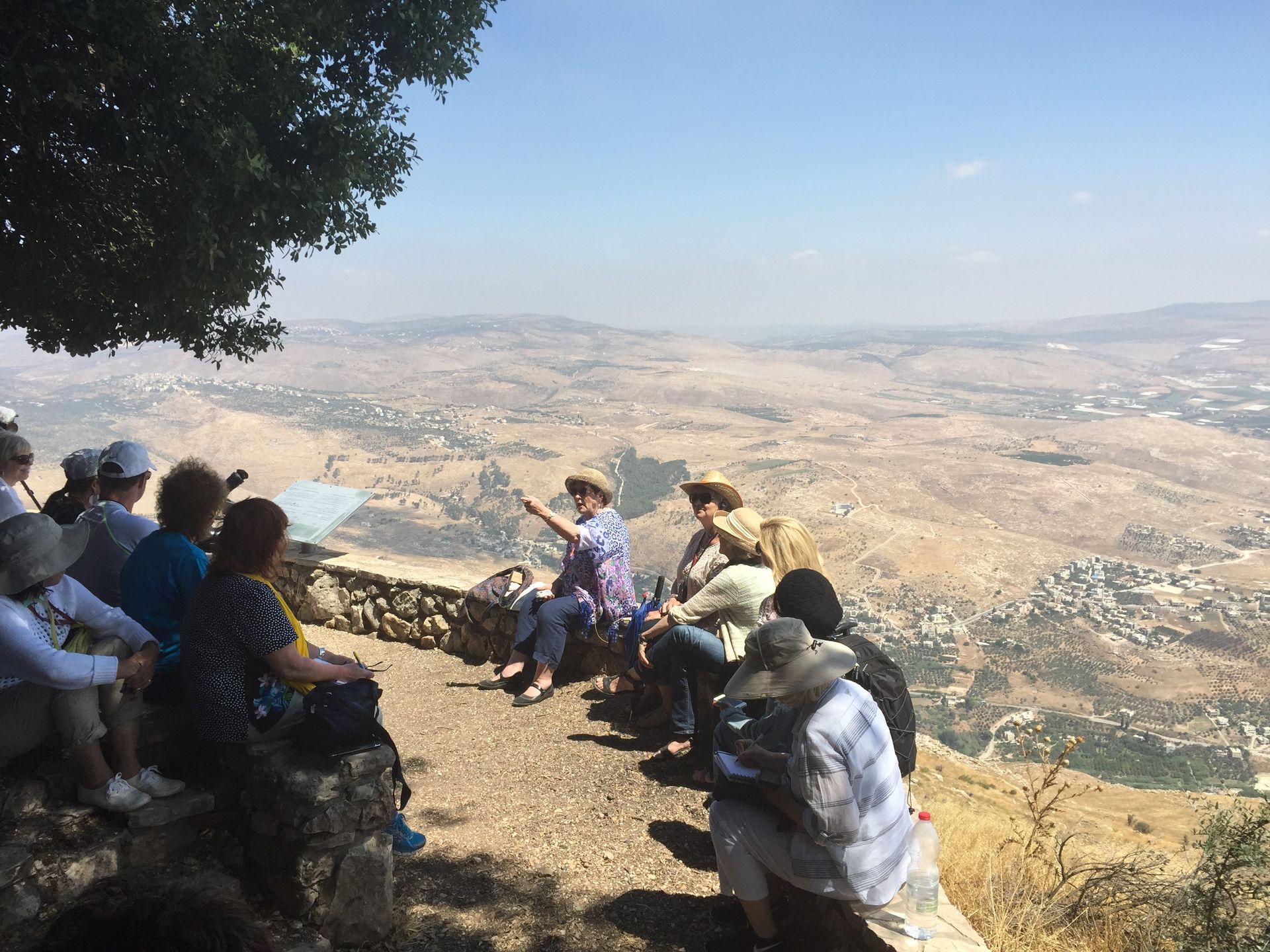 People seated under a tree on a hilltop, overlooking a wide valley and distant mountains.