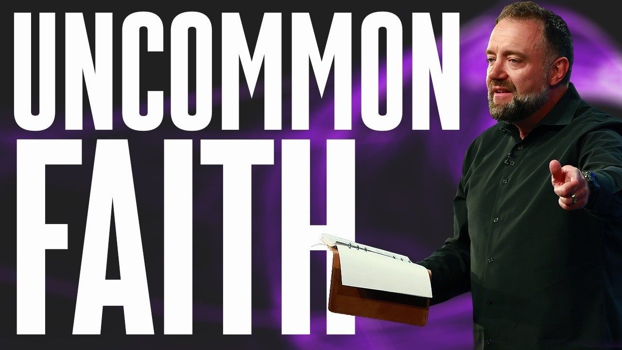 “UNCOMMON FAITH” text beside a man holding an open book on a purple background.