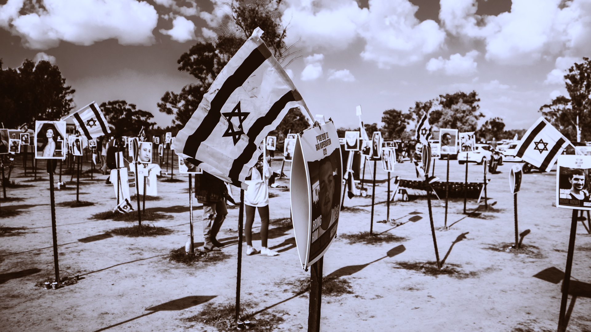 Row of small flags on poles in a sandy field under cloudy sky, sepia-toned