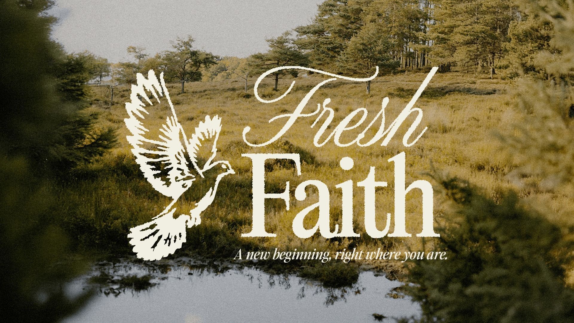 White dove and “Fresh Faith” text over a green river landscape.