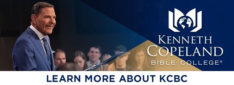 Kenneth Copeland Bible College ad with smiling man, logo, and “Learn More About KCBC” text on blue background