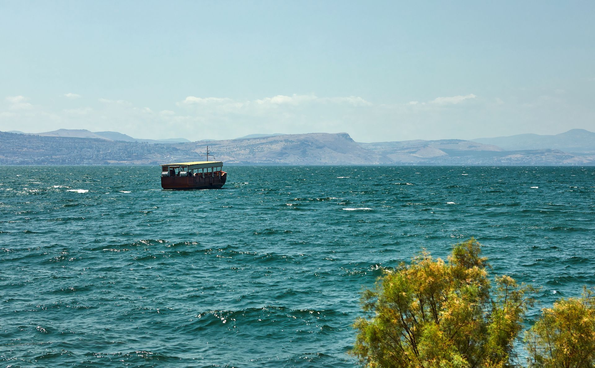 Small boat on choppy blue sea with distant mountains and a yellow bush in the foreground
