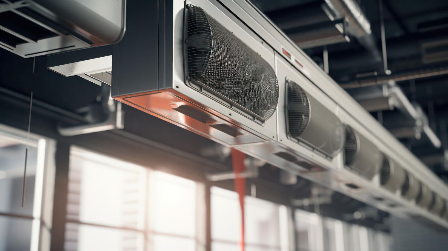 A row of air conditioners hanging from the ceiling of a building.
